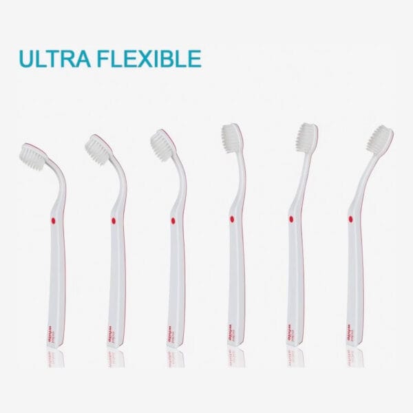 edel+white Duo Flosserbrush Ultrasoft, SWISS logo, 2 caps, PET box – Leicht, flexibel und mit ultrasanften, konischen Borsten. Abbildung ultra flexible, biegsamkeit.