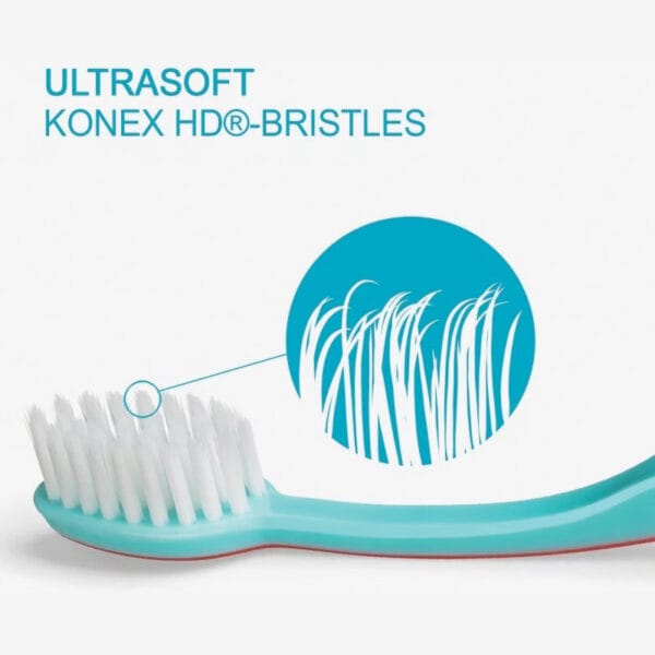 edel+white Duo Flosserbrush Ultrasoft, SWISS logo, 2 caps, PET box – Leicht, flexibel und mit ultrasanften, konischen Borsten. Abbildung Borsten Ultrasoft, Detailaufnahme.