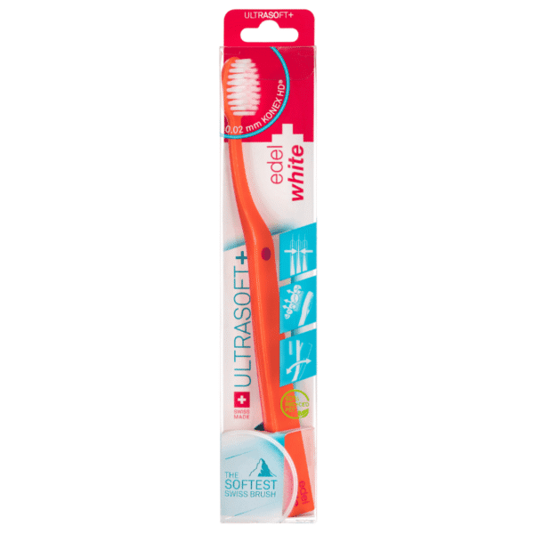 edel+white Duo Flosserbrush Ultrasoft, SWISS logo, 2 caps, PET box - Léger, flexible et avec des poils coniques ultra-doux. Illustration brosse à dents dans son emballage.