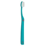 edel+white Ultrasoft Flosserbrush SWISS in PET box - Light, flexible and with ultra-soft, conical bristles. Toothbrush shown in turquoise. 