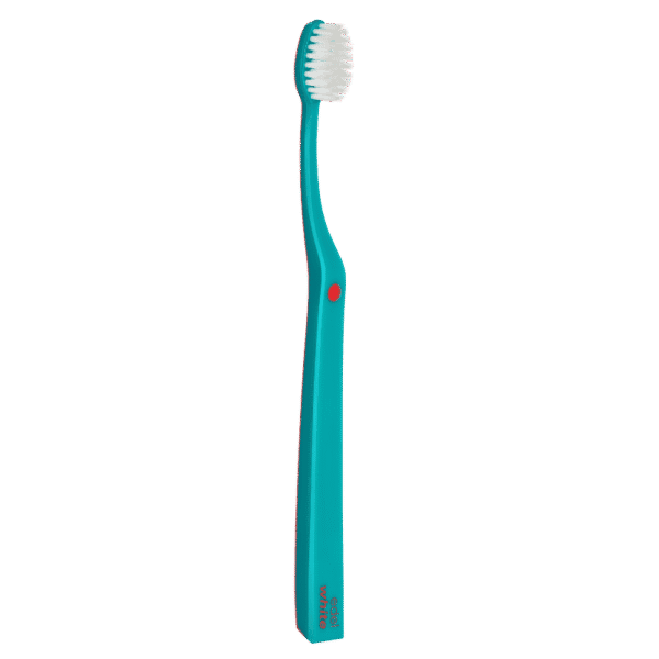 edel+white Ultrasoft Flosserbrush SWISS in PET box - Light, flexible and with ultra-soft, conical bristles. Toothbrush shown in turquoise. 