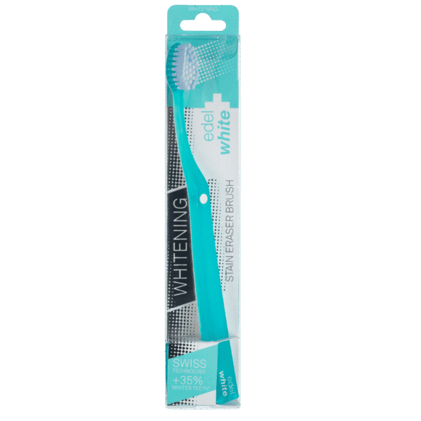 edel+white Eraser Whitening toothbrush in PET box – Flecken einfach wegrubbeln. Stain eraser brush in blau in Verpackung. 
