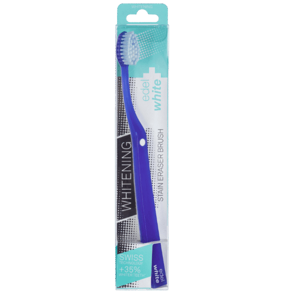 edel+white Eraser Whitening toothbrush in PET box – Flecken einfach wegrubbeln. Stain eraser brush in lila in Verpackung. 