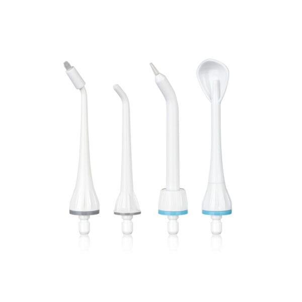 edel+white Flosserpik Pro Station – leistungsstarke Munddusche mit 10 Druckstufen, 2 Modi und 4 Aufsätzen für gründliche Zahn- und Zahnfleischpflege. Abbildung Produkt, verschiedene Aufsätze.