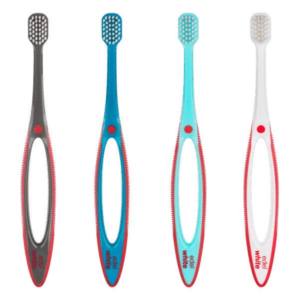 edel+white Pro Gums Handzahnbürste mit breitem Bürstenkopf und flexiblem Griff, verschiedene Farben