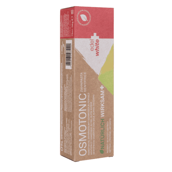 edel+white Osmotonic toothpaste 75ml – Fluoridfreie Salz-Zahnpasta zur Bekämpfung von Zahnfleischentzündungen auf natürliche Weise. Foto der Verpackung