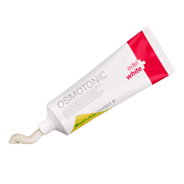 edel+white Osmotonic toothpaste 75ml - Fluoride-free salt toothpaste to combat gingivitis in a natural way. Tube open, toothpaste visible.