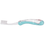 edel+white Flosserbrush TO GO Soft in blister, hellblau – Für ein gesundes Lächeln unterwegs. Produktfoto, Zahnbürste aufgeklappt.