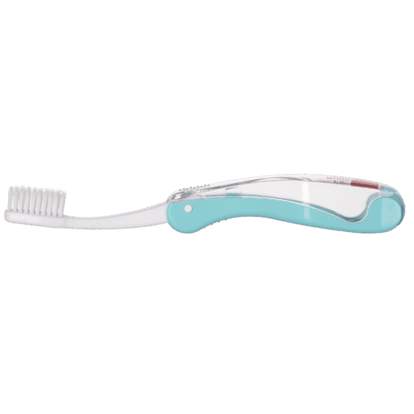 edel+white Flosserbrush TO GO Soft in blister, hellblau – Für ein gesundes Lächeln unterwegs. Produktfoto, Zahnbürste aufgeklappt.