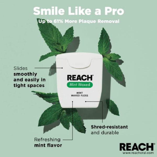 REACH waxed dental floss with mint flavor - 50m vegan dental floss, tear-resistant and thorough against plaque. Picture infographic Smile likea Pro.