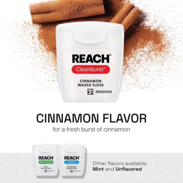 REACH gewachste Zahnseide Zimt Geschmack – 50m vegane Zahnseide mit hoher Reissfestigkeit und bis zu 52% mehr Plaque-Entfernung. Abbildung Infografik Cinnamon Flavor, alternatives.