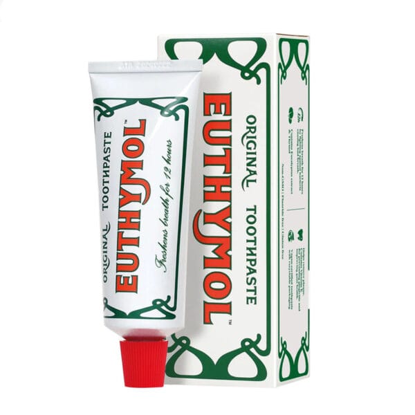 Dentifrice Euthymol Original - Soin buccal sans fluor avec un goût unique et une couleur rose. Produit Illustration avec emballage 