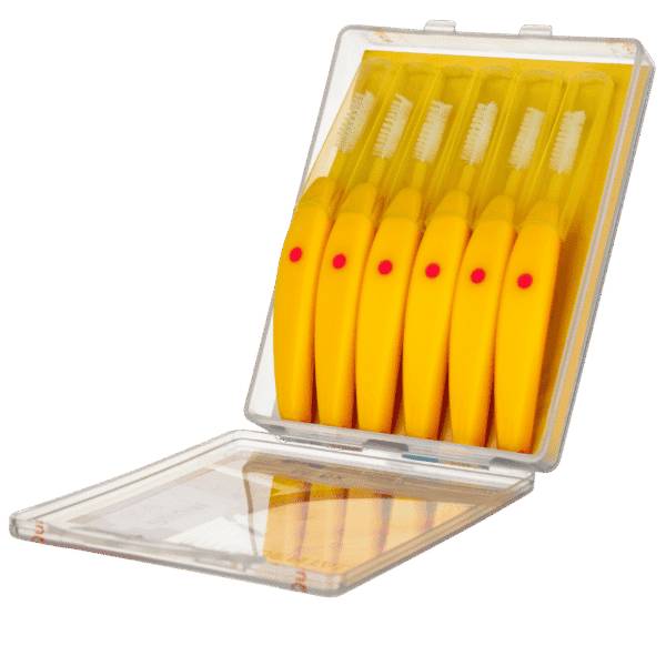edel+white EasyFlex brosse interdentaire courbée avec cou flexible et gaine de protection antibactérienne pour le nettoyage des espaces interdentaires, 0.7mm M, 6 pièces en jaune, emballage ouvert