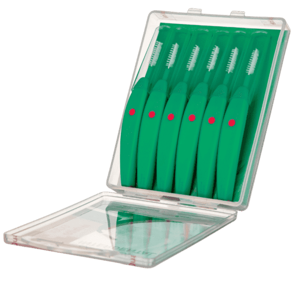 edel+white Brosse interdentaire EasyFlex avec manche incurvé et protection antibactérienne pour un nettoyage efficace des espaces interdentaires Boîte ouverte, brosses en vert