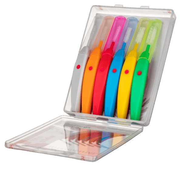 edel+white EasyFlex Interdental Brush Starter Kit Mix colorful. 6 brushes with curved handle and flexible neck. Photo of open packaging with plastic protection over the brush head