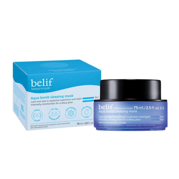 belif Jelly-Pudding Overnight Mask 75ml - Night mask with hyaluronic acid & niacinamide for intensive moisture. Product photo with packaging. 