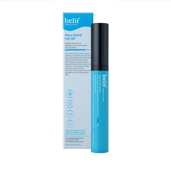 belif Aqua Bomb Depuffing Eye Gel 15ml - gel rafraîchissant pour les yeux à base de caféine, d'acide hyaluronique & de niacinamide. Photo du produit avec l'emballage. 