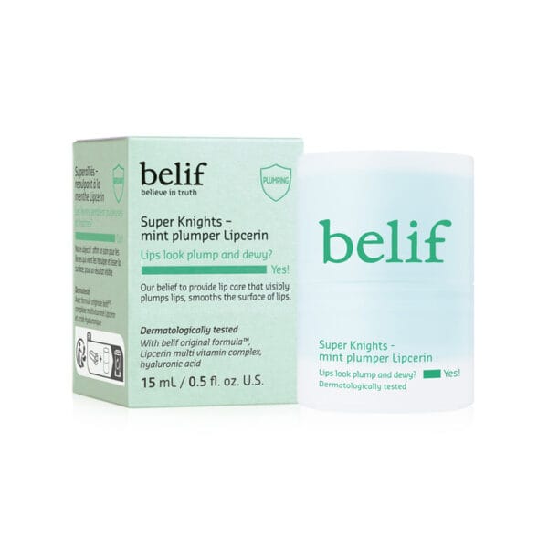 belif Mint Plumper Lipcerin 15ml - Baume repulpant pour les lèvres & masque à la menthe, aux peptides et au complexe multi-vitaminé. Photo du produit avec l'emballage.