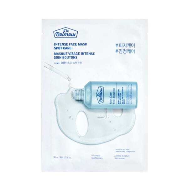 Dr. Belmeur Spot Care Intense Face Mask 30ml – beruhigende Tuchmaske mit Teebaumöl, Salicylsäure und Panthenol für unreine Haut. Abbildung Produkt.