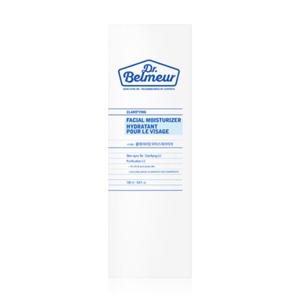 Dr. Belmeur Clarifying Facial Moisturizer 120ml – leichte Feuchtigkeitscreme für zu Akne neigende Haut mit Niacinamid und Panthenol. Abbildung Verpackung.