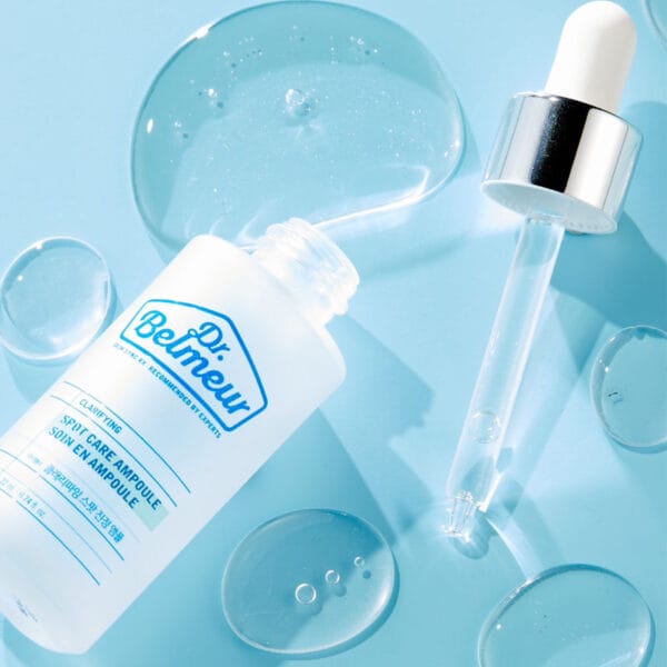 Dr. Belmeur Spot Care Ampoule 22ml - soothing serum with panthenol, beta-glucan, chaga mushroom and tea tree oil against blemishes and redness. Picture pipette and clear liquid, serum. 