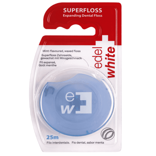 edel+white Zahnseide mit Expanding Superfloss Technologie für Plaque-Entfernung