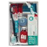 Set edel+white Sensitive Care. Photo du contenu du set, brosse à dents, fil dentaire, gel dentaire, brossettes interdentaires et bain de bouche pour dents sensibles et gencives irritées 