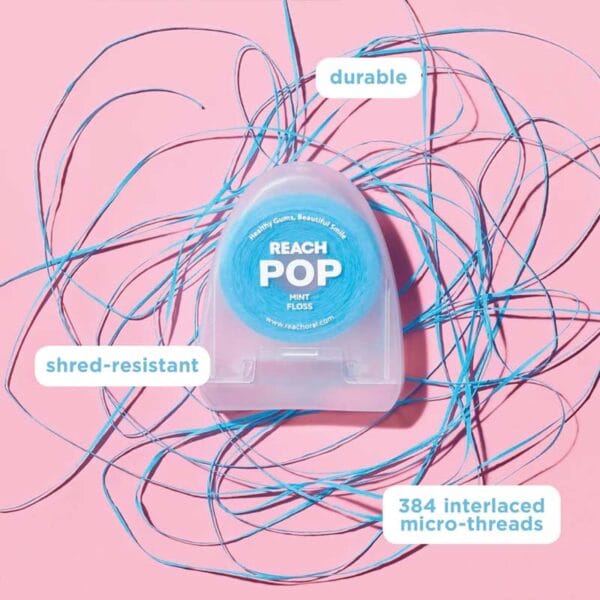 REACH POP dental floss mint - vegan, waxed dental floss with 384 micro threads & sustainable packaging, 50m. Picture durable & shred-resistant 