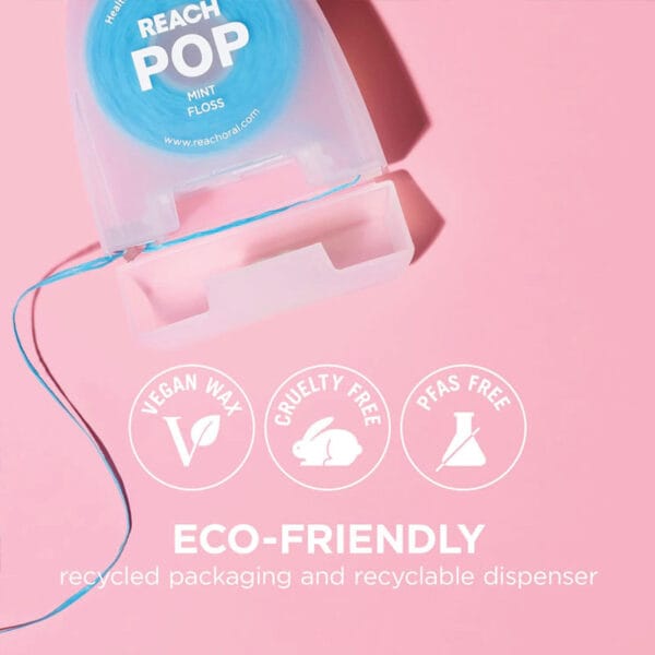 REACH POP dental floss mint - vegan, waxed dental floss with 384 micro threads & sustainable packaging, 50m. Picture eco-friendly. 