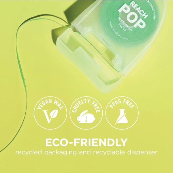 18230992 REACH POP Dental Floss Peppermint Floss - vegan, waxed dental floss with 384 micro threads & sustainable packaging, 50m, peppermint flavor. Picture dental floss eco-friendly. 