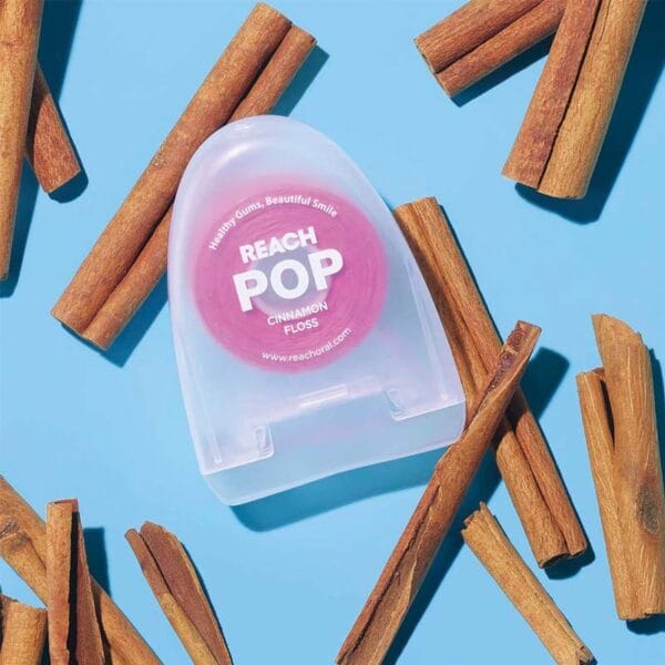 REACH POP dental floss cinnamon - vegan, waxed dental floss with 384 micro threads & sustainable packaging, 50m. Picture Flavor Cinnamon.
