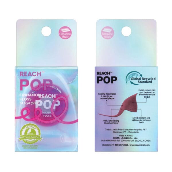 REACH POP Zahnseide Zimt – vegane, gewachste Zahnseide mit 384 Mikrofäden & nachhaltiger Verpackung, 50m. Abbildung Verpackung.