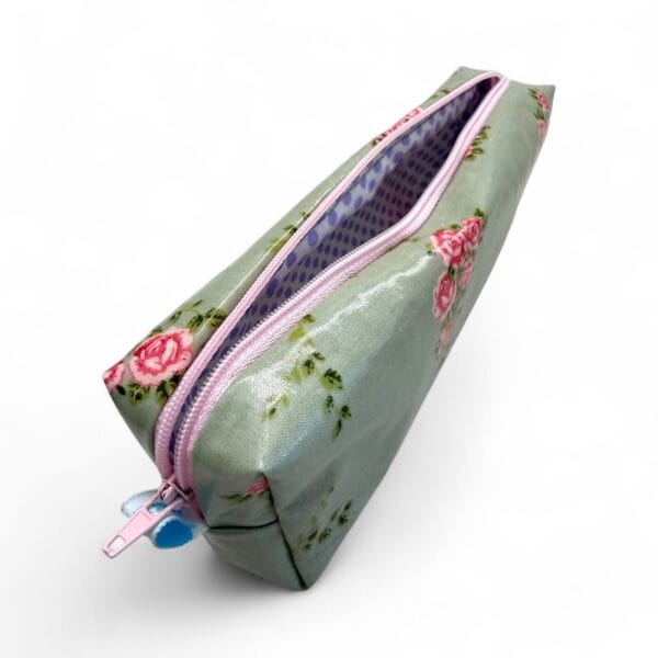 Cosmetic bag in sage green/pink handmade Size 22x7x5cm View diagonally open at the side