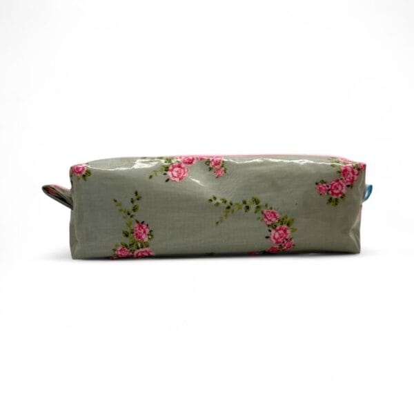 Cosmetic bag in sage green/pink handmade size 22x7x5cm side view