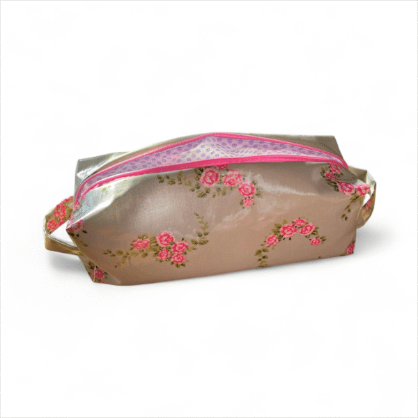 Kosmetiktasche in salbeigrün/rosa handgemacht Grösse 24x8x8cm Ansicht seitlich